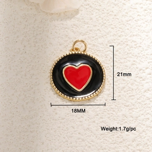 Detail showing 18mm round heart pendant dimensions and weight 1.7g on beige background