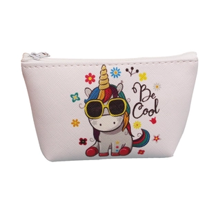 Cute cartoon unicorn coin purse made of white faux leather with Be Cool lettering