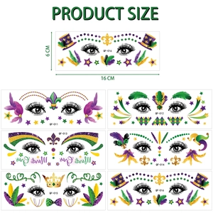 Colorful Mardi Gras face tattoos with masks and feathers for carnival makeup