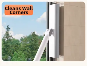 Detail showing the long handle floor brush head cleaning corner gaps efficiently