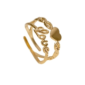 Adjustable golden stainless steel open ring with love lettering and heart shape design