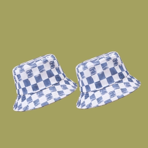 Unisex Cotton Bucket Hat Blue White Checkerboard Tie Dye Pattern Outdoor Sun Protection Casual Fashion Headwear