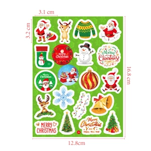 Detailed view of waterproof cartoon Christmas stickers with dimensions and laser effects