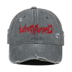 Distressed washed gray baseball cap with red Lostmyhead embroidery and frayed edges