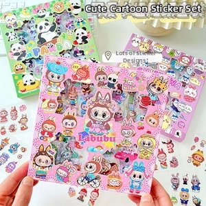 Detailed view of colorful cartoon sticky notes set featuring diverse character themes