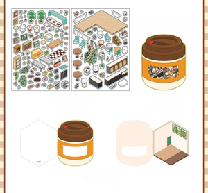 Detail view of Morning Cafe DIY sticker set with folding 2.5D background scene card