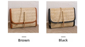 Detail of straw woven flap bags in brown and black with gold chains and fringe tassels