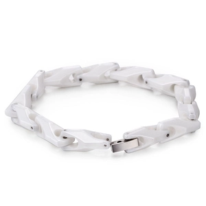 Mens white ceramic chain bracelet with silver metal buckle clasp on white background