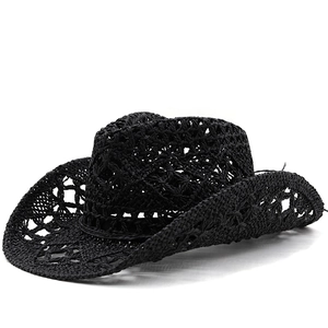 Detailed view of hand-woven black straw cowboy hat with breathable hollow out design