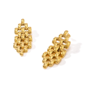 Golden woven link geometric stainless steel earrings with glossy metallic finish