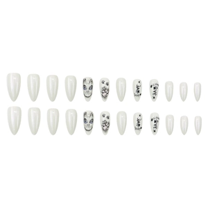 Faux ongles amande Halloween avec motifs de chat mignons et fini blanc perle, lot de 24