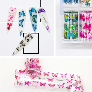 Detailed set of butterfly nail transfer stickers in multiple colors and patterns for nail art