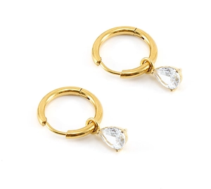 Macro detail of gold-plated hoop earrings with teardrop cubic zirconia pendant