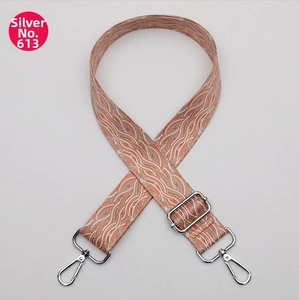 Detail of adjustable bag strap featuring colorful wave pattern and silver metal hardware