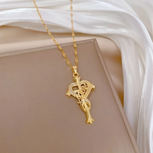 Gold stainless steel heart cross necklace with crystals and Mom engraving for women
