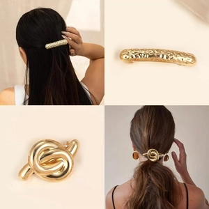 Golden hammer texture and knot hair clips set shown in a stylish four-grid collage view