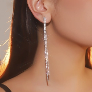 Sparkling double-row long tassel drop earrings with white rhinestones for elegant women