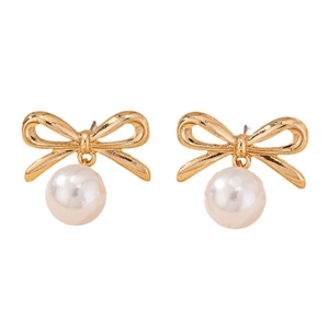 Elegant gold bow earrings with creamy pearls displayed on a clean white background