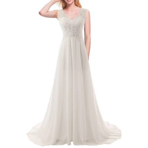 Robe De Mariée Ligne A Col En V Dentelle Mousseline Sans Manches Dos Nu Plage Pour Femmes