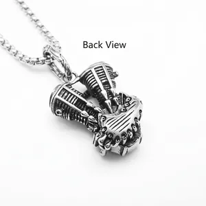 Punk V-Twin engine pendant necklace in vintage steel finish with durable box chain