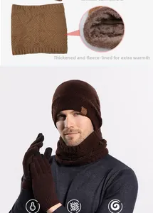 Detail of fleece lining on men's winter knitted hat, scarf and gloves three-piece set