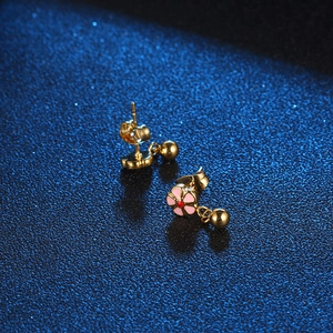 Exquisite gold titanium steel flower earrings with pink enamel petals and round drop beads
