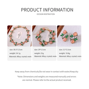 Detailed view of vintage gold alloy jewelry set with resin cabochons and green crystals