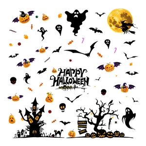 Happy Halloween PVC window stickers set with ghosts, pumpkins, bats and haunted castle silhouettes