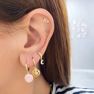 S925 silver needle gold earrings set with colorful enamel smiley face and crescent moon stars
