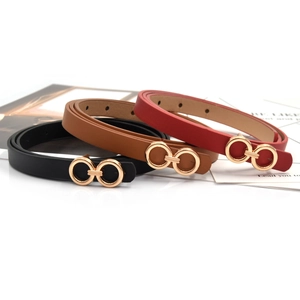 Three-piece skinny leather belt set in black, brown, and red with gold double-ring buckles