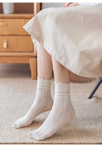 Close-up of white breathable hollow lace socks with delicate floral patterns and ruffled cuffs