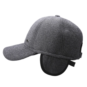 Winter herringbone wool baseball cap for men featuring windproof ear flaps in dark grey