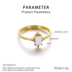 Detail view of a 10x9mm square opal and rhinestone setting on a gold stainless steel ring