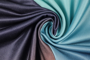 Macro shot of silk-like gradient fabric texture with fine woven pleats in purple and teal