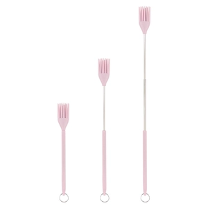 Three pink mini silicone spatulas with adjustable telescopic metal handles and hanging rings