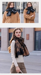 Detail of soft winter scarf with tassel fringe in grey and brown patterned styles