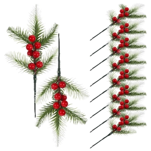 Aghi di pino natalizi artificiali con bacche rosse per decorazioni festive