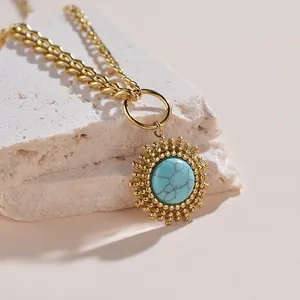 French vintage 14K gold plated necklace with round turquoise sunburst pendant on stones
