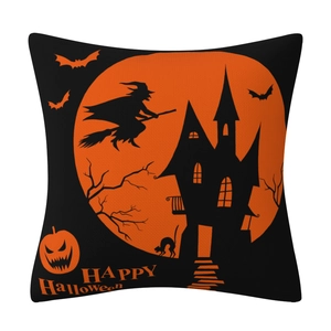 Halloween linen pillowcase with black witch, ghost house and pumpkin silhouette motifs