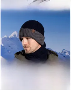 Close-up of winter knit hat and neck warmer set with thick fleece lining for men