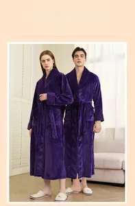 Detail view of purple flannel bathrobe featuring soft collar, waist belt and side pockets