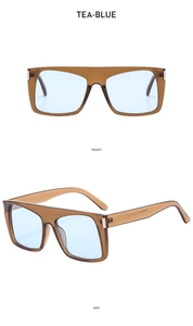 Front and side views of Y2K sports sunglasses in tea-colored frames and light blue lenses