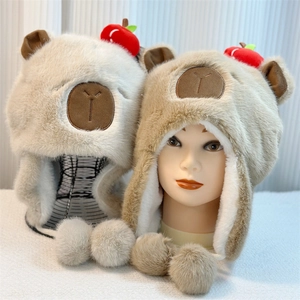 Cute Capybara plush trapper hat with apple decor and ear flaps for winter warmth