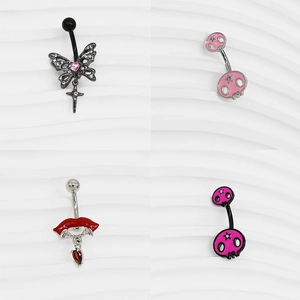 Piercings de nombril en acier avec papillon, crâne, lèvres et incrustations de zircons