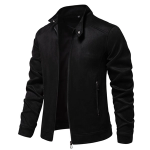 Close-up of black suede jacket featuring stand collar with metal snap buttons and zipper