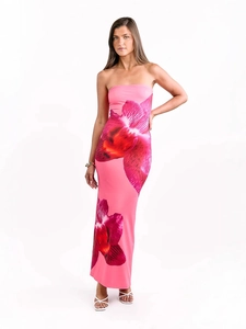 Pink floral strapless maxi dress featuring a slim fit design for summer vacations