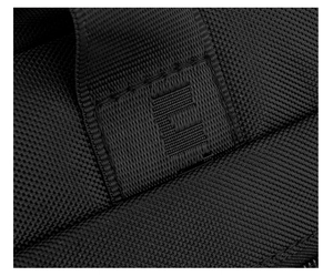 Macro shot of durable black nylon strap stitching and reinforced texture on men's business bag