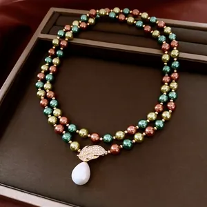 18K gold plated multi-color pearl necklace with leaf pendant and white teardrop drop