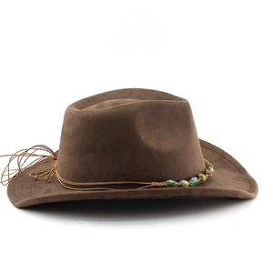 Detail of western fedora with ethnic hand-woven beads and tassels on faux suede band