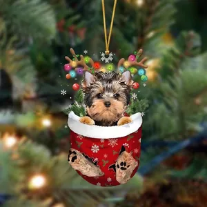 Christmas stocking dog ornament with Yorkshire Terrier and festive holiday decorations